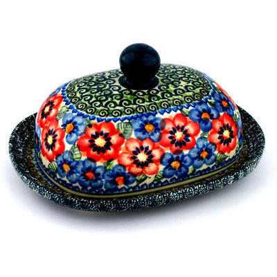 Polish Pottery Butter Dish 8&quot; Blue And Red Poppies UNIKAT