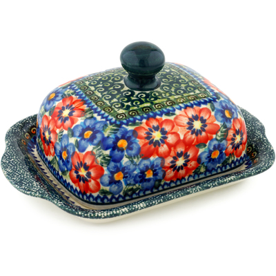 Polish Pottery Butter Dish 8&quot; Blue And Red Poppies UNIKAT