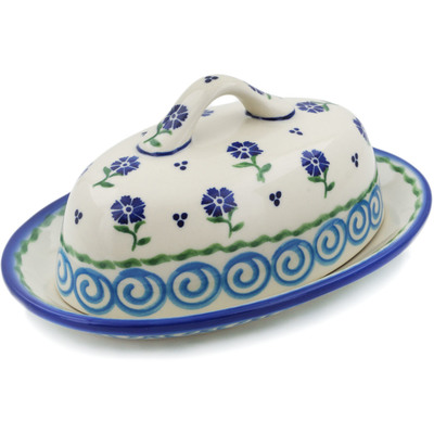 Polish Pottery Butter Dish 8&quot; Blue Bursts