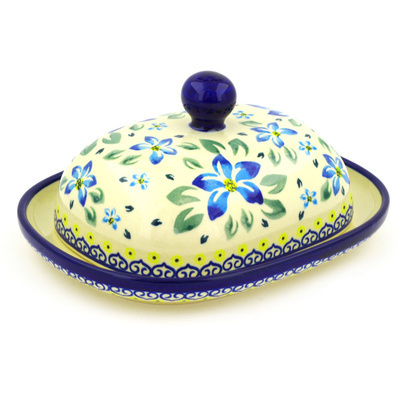 Polish Pottery Butter Dish 8&quot; Blue Clematis