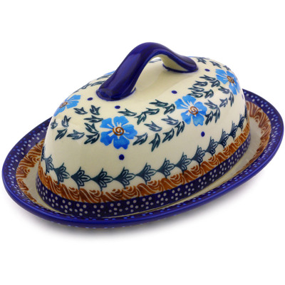 Polish Pottery Butter Dish 8&quot; Blue Cornflower