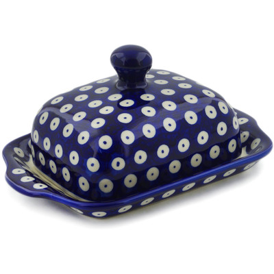 Polish Pottery Butter Dish 8&quot; Blue Eyed Peacock