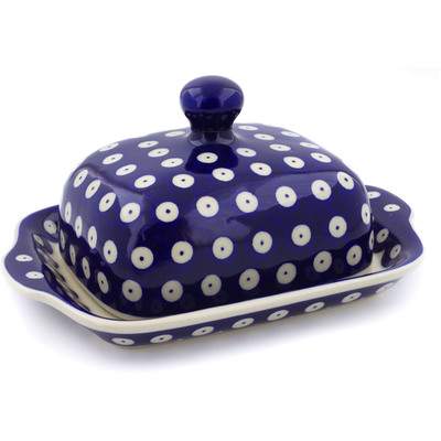 Polish Pottery Butter Dish 8&quot; Blue Eyed Peacock