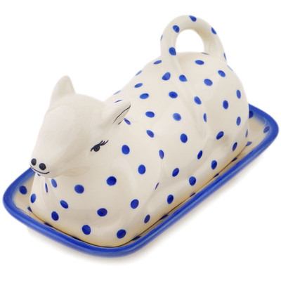 Polish Pottery Butter Dish 8&quot; Blue Polka Dot