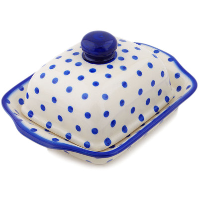 Polish Pottery Butter Dish 8&quot; Blue Polka Dot