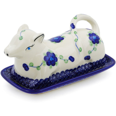 Polish Pottery Butter Dish 8&quot; Blue Poppies