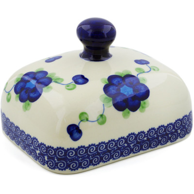 Polish Pottery Butter Dish 8&quot; Blue Poppies