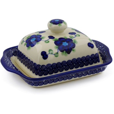 Polish Pottery Butter Dish 8&quot; Blue Poppies