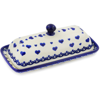 Polish Pottery Butter Dish 8&quot; Blue Valentine Hearts