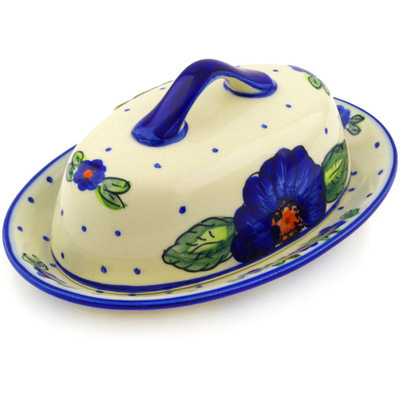 Polish Pottery Butter Dish 8&quot; Bold Blue Pansy