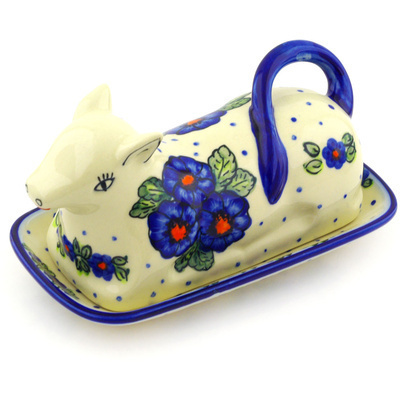 Polish Pottery Butter Dish 8&quot; Bold Blue Pansy