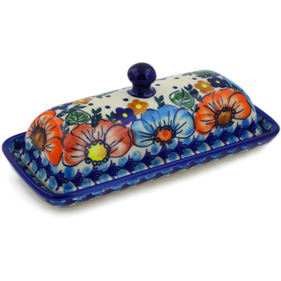 Polish Pottery Butter Dish 8&quot; Bold Poppies