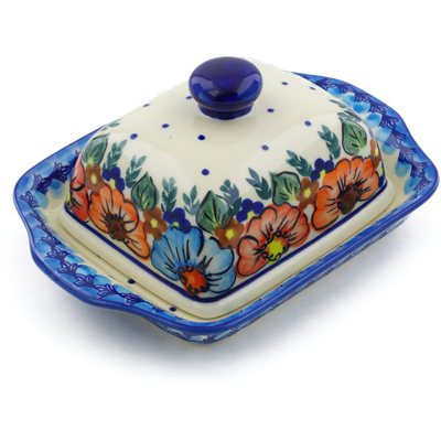 Polish Pottery Butter Dish 8&quot; Bold Poppies UNIKAT