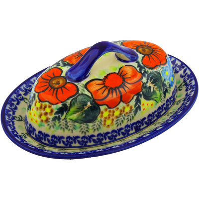 Polish Pottery Butter Dish 8&quot; Bold Red Poppies UNIKAT