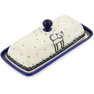 Polish Pottery Butter Dish 8&quot; Cobalt Cat
