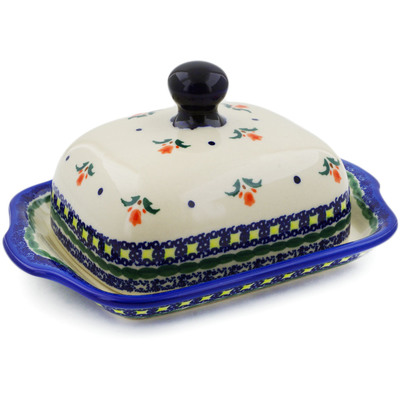 Polish Pottery Butter Dish 8&quot; Cocentric Tulips