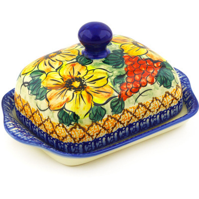 Polish Pottery Butter Dish 8&quot; Colorful Bouquet UNIKAT