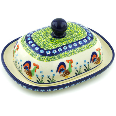 Polish Pottery Butter Dish 8&quot; Country Rooster UNIKAT