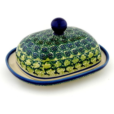 Polish Pottery Butter Dish 8&quot; Emerald Forest