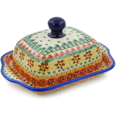 Polish Pottery Butter Dish 8&quot; Fall Leaves