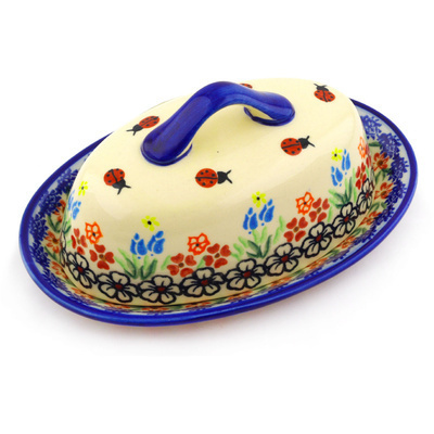 Polish Pottery Butter Dish 8&quot; Fanciful Ladybug