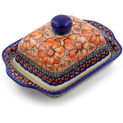 Polish Pottery Butter Dish 8&quot; Fire Poppies UNIKAT