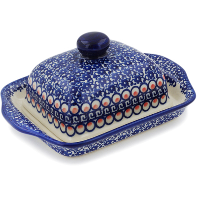 Polish Pottery Butter Dish 8&quot; Floral Peacock