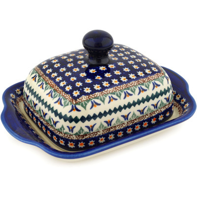 Polish Pottery Butter Dish 8&quot; Floral Peacock UNIKAT