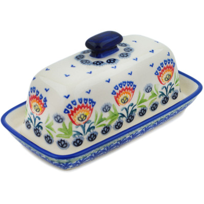 Polish Pottery Butter Dish 8&quot; Flower Flames UNIKAT
