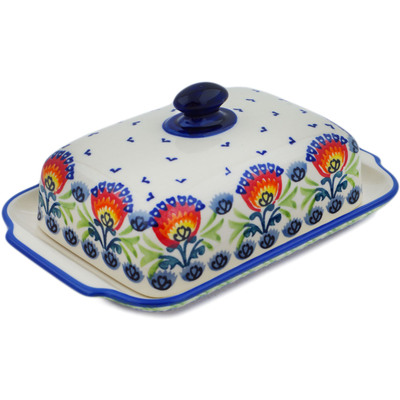 Polish Pottery Butter Dish 8&quot; Flower Flames UNIKAT
