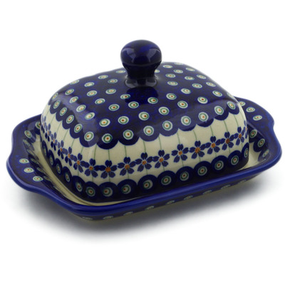 Polish Pottery Butter Dish 8&quot; Flowering Peacock