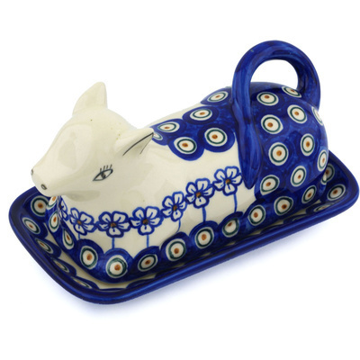 Polish Pottery Butter Dish 8&quot; Flowering Peacock