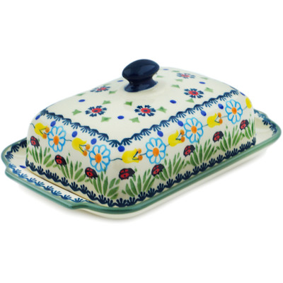 Polish Pottery Butter Dish 8&quot; Flowers And Ladybugs