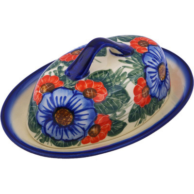 Polish Pottery Butter Dish 8&quot; Flowers In Bloom UNIKAT