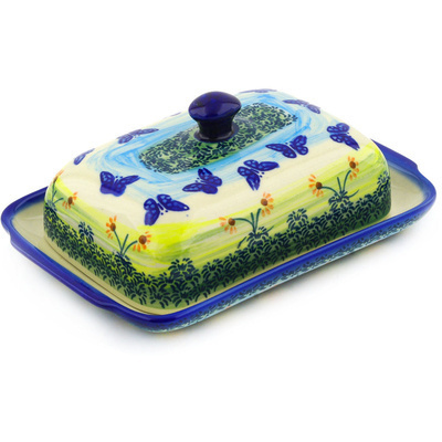 Polish Pottery Butter Dish 8&quot; Flying Butterfly UNIKAT