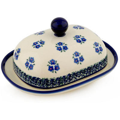 Polish Pottery Butter Dish 8&quot; Forget Me Not Dots