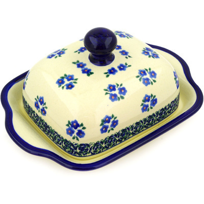 Polish Pottery Butter Dish 8&quot; Forget Me Not Dots