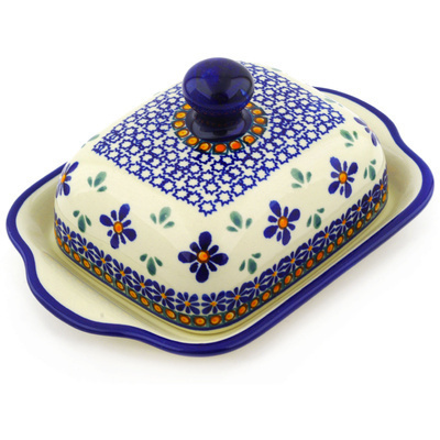 Polish Pottery Butter Dish 8&quot; Gangham Flower Chain