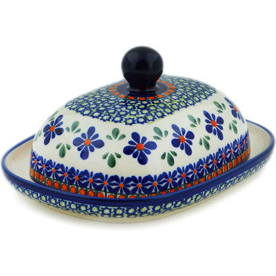 Polish Pottery Butter Dish 8&quot; Gingham Flowers