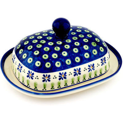 Polish Pottery Butter Dish 8&quot; Green Gingham Peacock