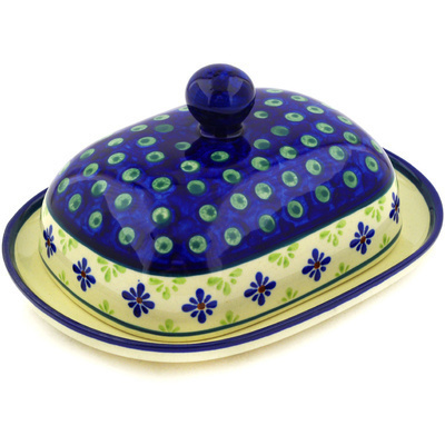 Polish Pottery Butter Dish 8&quot; Green Gingham Peacock