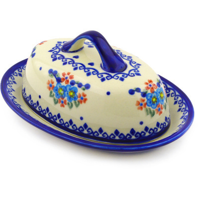 Polish Pottery Butter Dish 8&quot; Hearts And Flowers