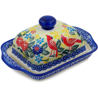 Polish Pottery Butter Dish 8&quot; Lovely Cardinals UNIKAT