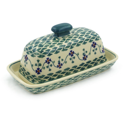 Polish Pottery Butter Dish 8&quot; Lucky Blue Clover