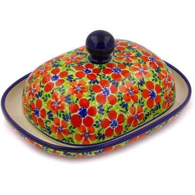 Polish Pottery Butter Dish 8&quot; Magnificent Red
