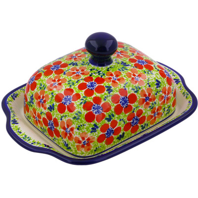Polish Pottery Butter Dish 8&quot; Magnificent Red