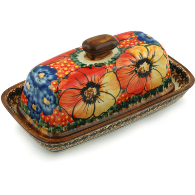 Polish Pottery Butter Dish 8&quot; Mystical Butterfly Garden UNIKAT