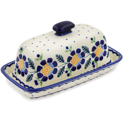 Polish Pottery Butter Dish 8&quot; Orange And Blue Flower