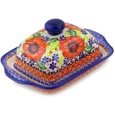 Polish Pottery Butter Dish 8&quot; Orange Zinnia UNIKAT