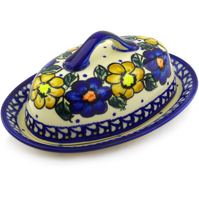 Polish Pottery Butter Dish 8&quot; Pansy Circle UNIKAT